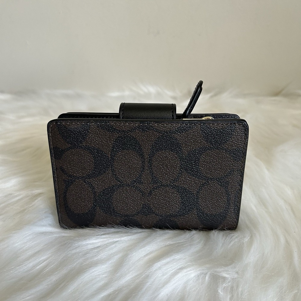 Coach Medium Corner Zip Brown Black Signature Canvas Leather Wallet Excellent - Picture 2 of 6